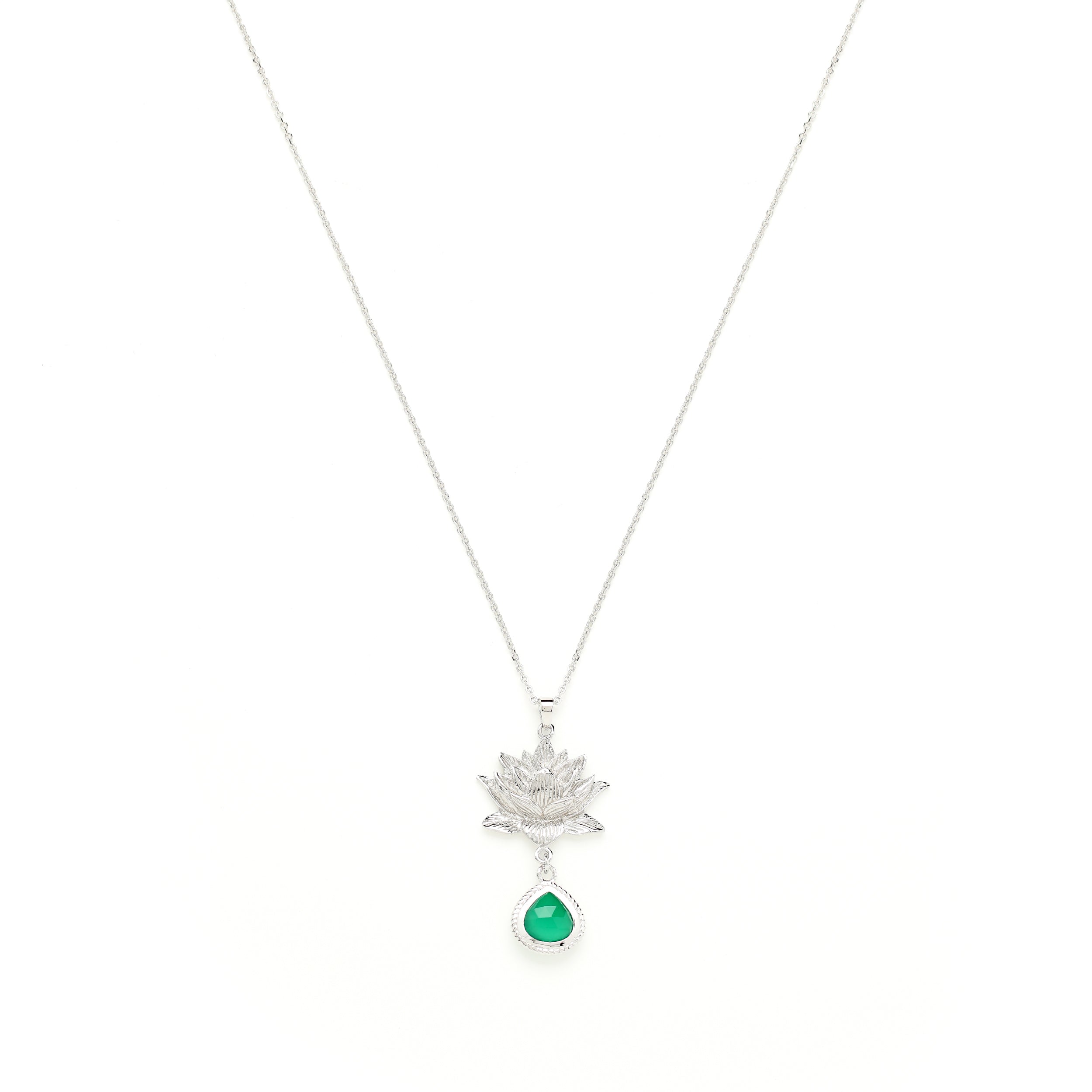 Aura Cleansing Lotus Necklace – Green Agate – White Rhodium | Seen in Vanity Fair UK
