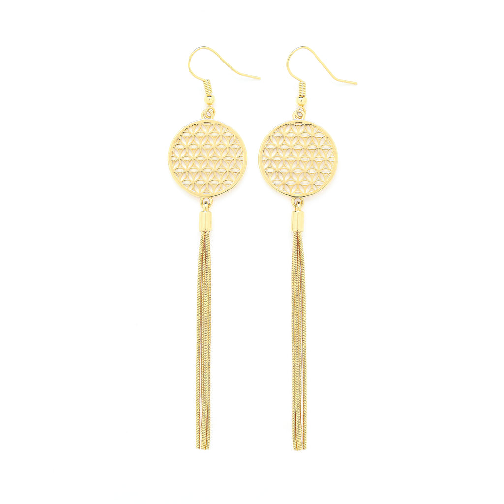 Flower of Life Protection Tassel Earrings - 18K Gold over Sterling Silver
