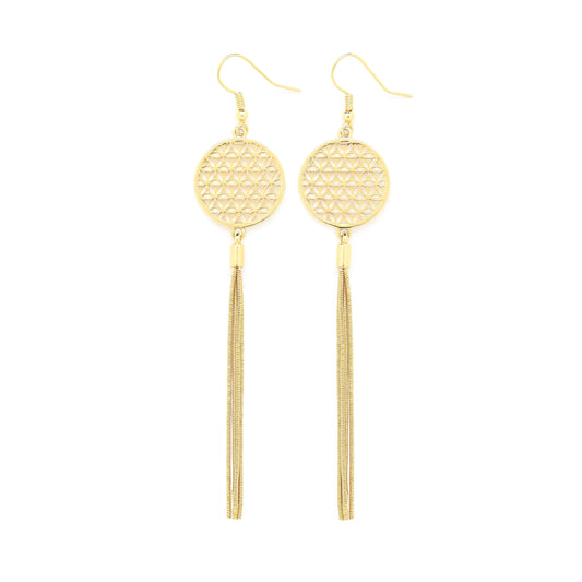 Flower of Life Protection Tassel Earrings, 18K Gold over Sterling Silver