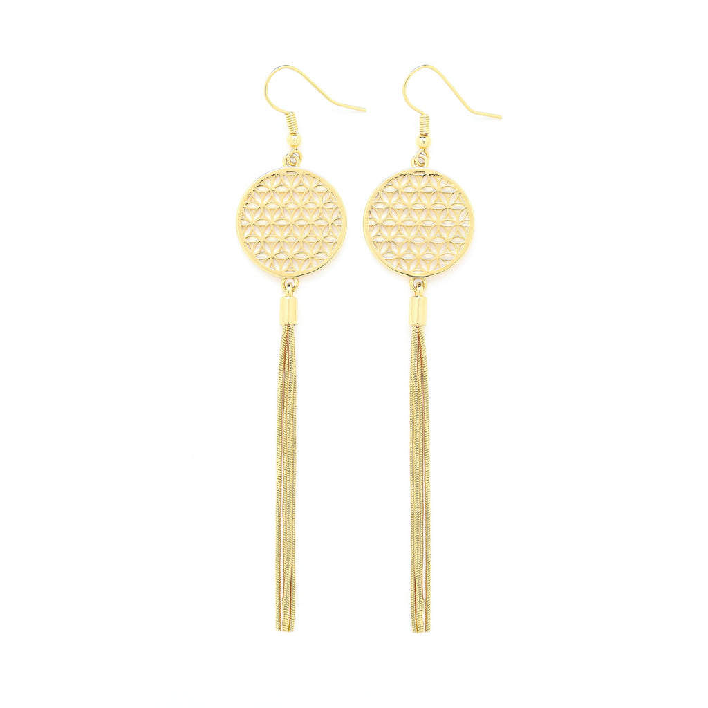 Flower of Life Protection Tassel Earrings – White Rhodium Spiritual Jewelry