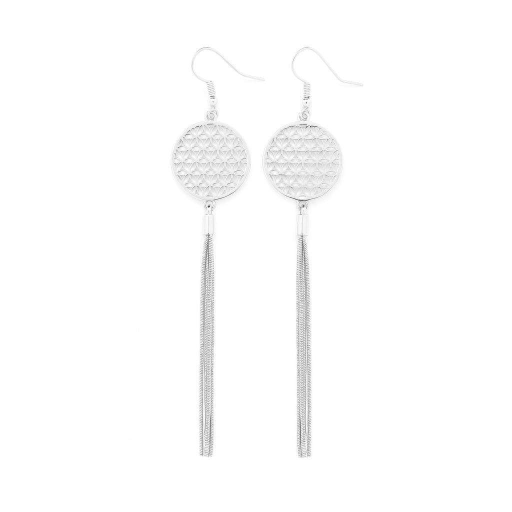 Flower of Life Protection Tassel Earrings – White Rhodium Spiritual Jewelry
