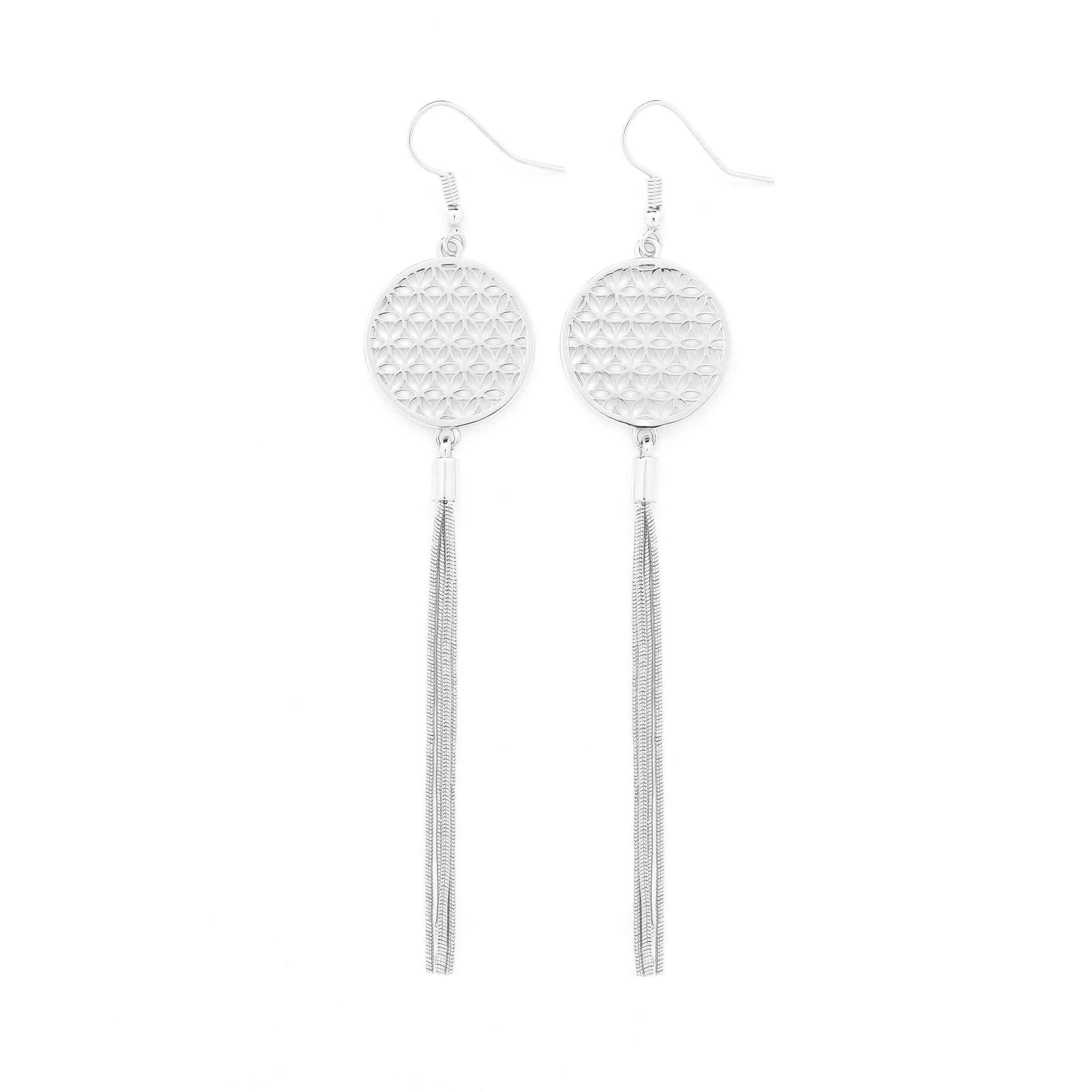 Flower of Life Protection Tassel Earrings – White Rhodium Spiritual Jewelry