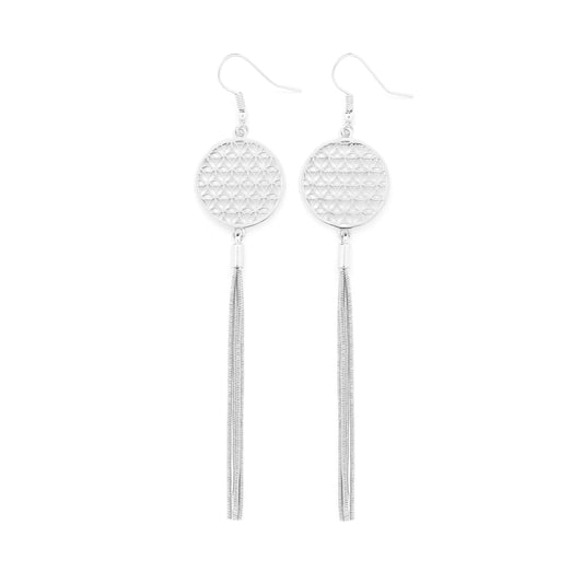 Flower of Life Protection Tassel Earrings, White Rhodium