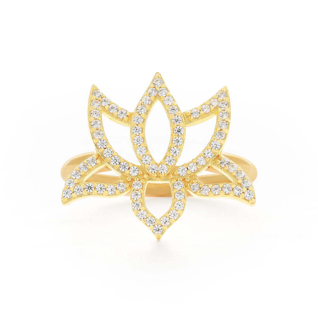 Illuminate Lotus Ring – White Topaz Pavé – 18K Gold Plated Spiritual Jewelry