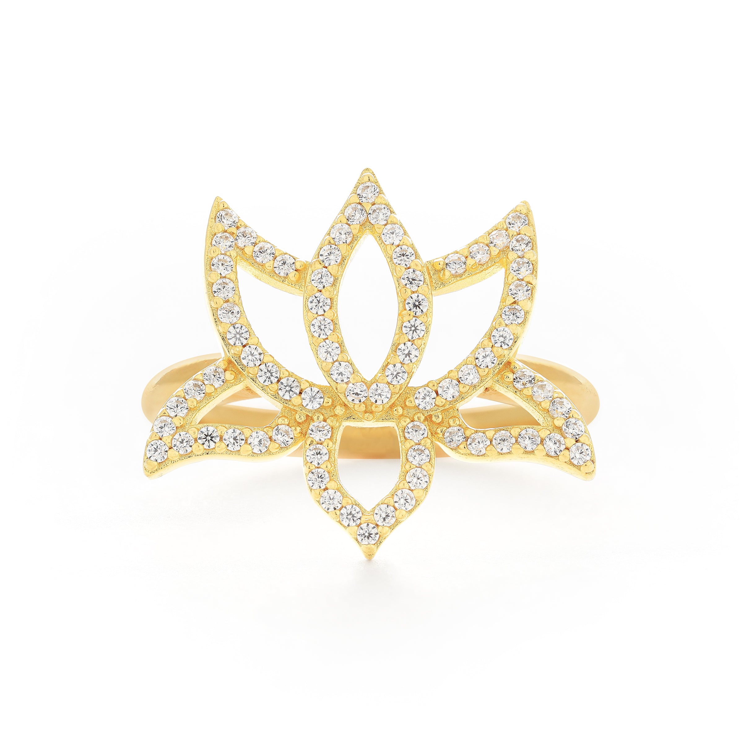 Illuminate Lotus Ring – White Topaz Pavé – 18K Gold Plated Spiritual Jewelry