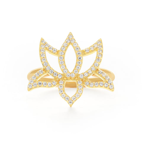 Illuminate Lotus Ring 18K Gold Plated, White Topaz Pave