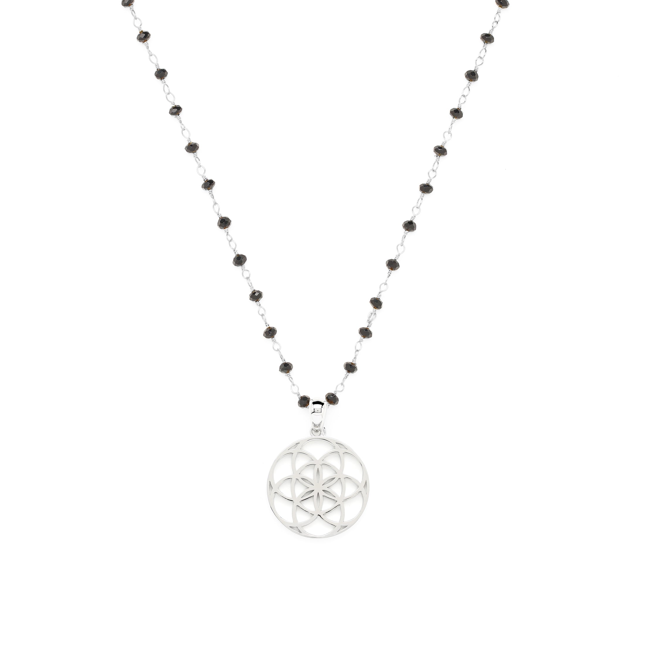 Energy Clearing Seed of Life Necklace – Black Spinel – White Rhodium Spiritual Jewelry