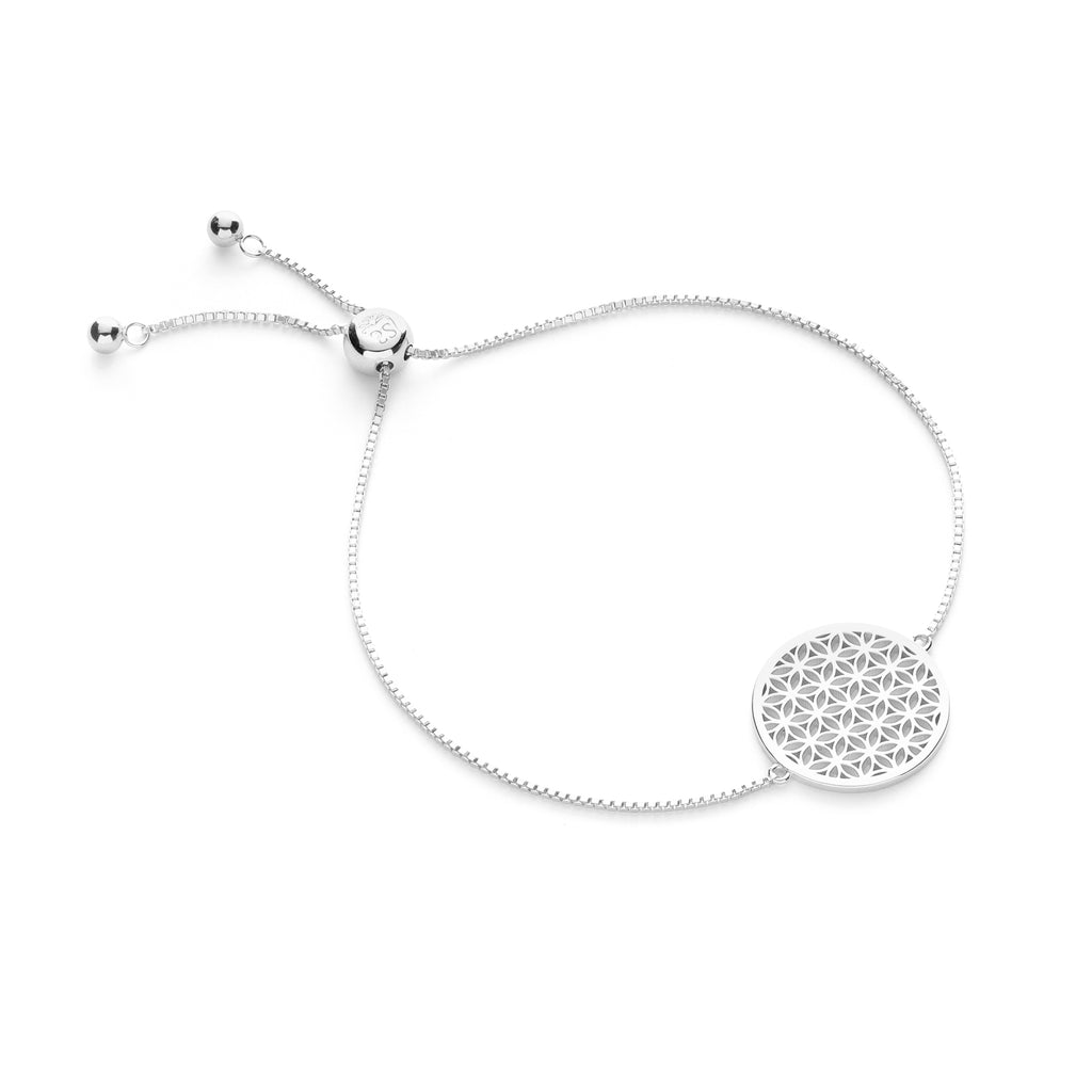 FLOWER OF LIFE Sterling Silver - White Rhodium - Adjustable Chain Bracelet