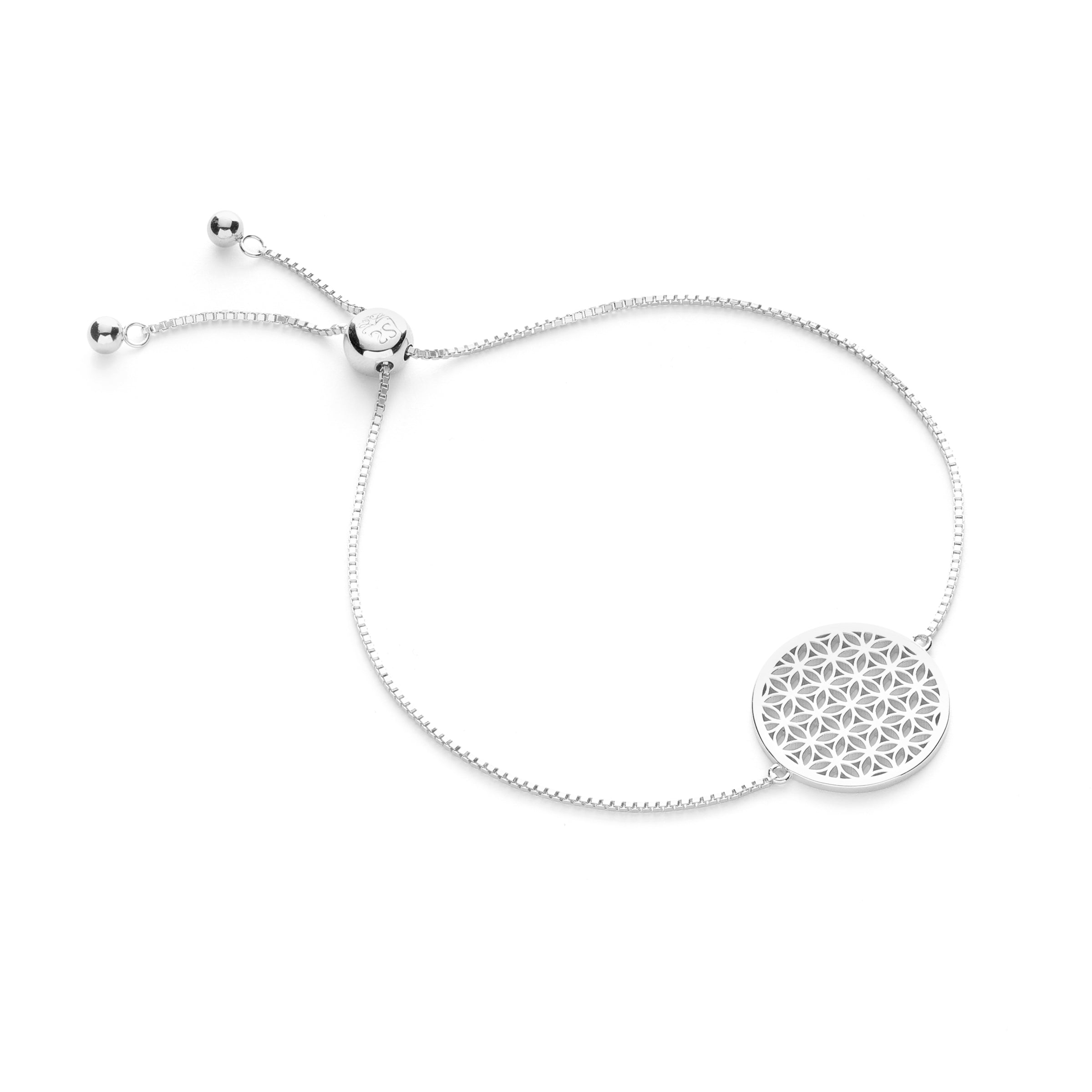 FLOWER OF LIFE Sterling Silver - White Rhodium - Adjustable Chain Bracelet