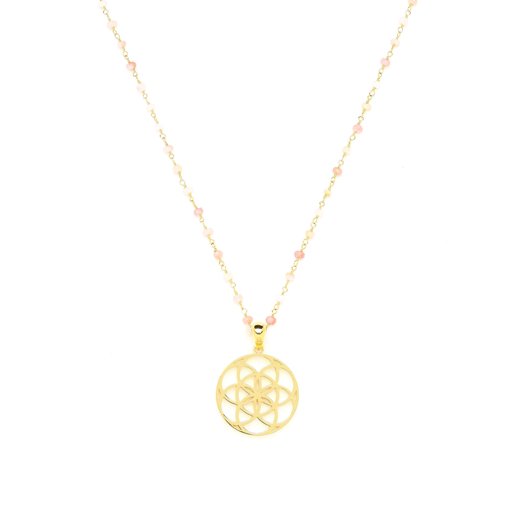 Spiritual Radiance Seed of Life Necklace – Pink Opal – 18K Gold Finish