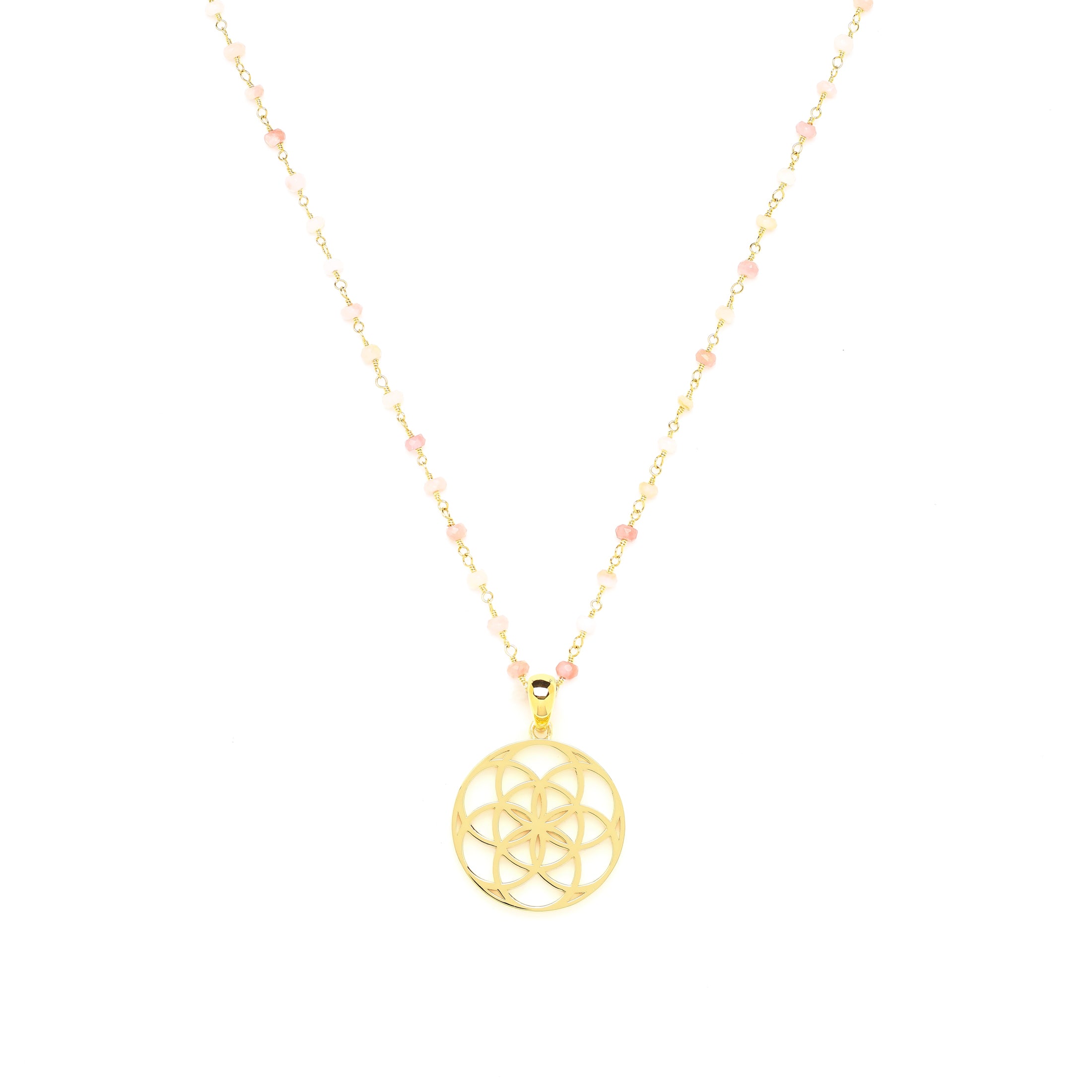 Spiritual Radiance Seed of Life Necklace – Pink Opal – 18K Gold Finish