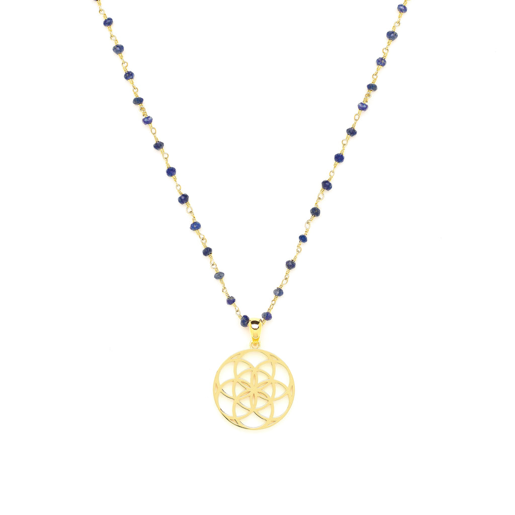 Truth & Awareness Seed of Life Necklace – Lapis Lazuli – 18k Gold Finish Sacred Geometry Pendant