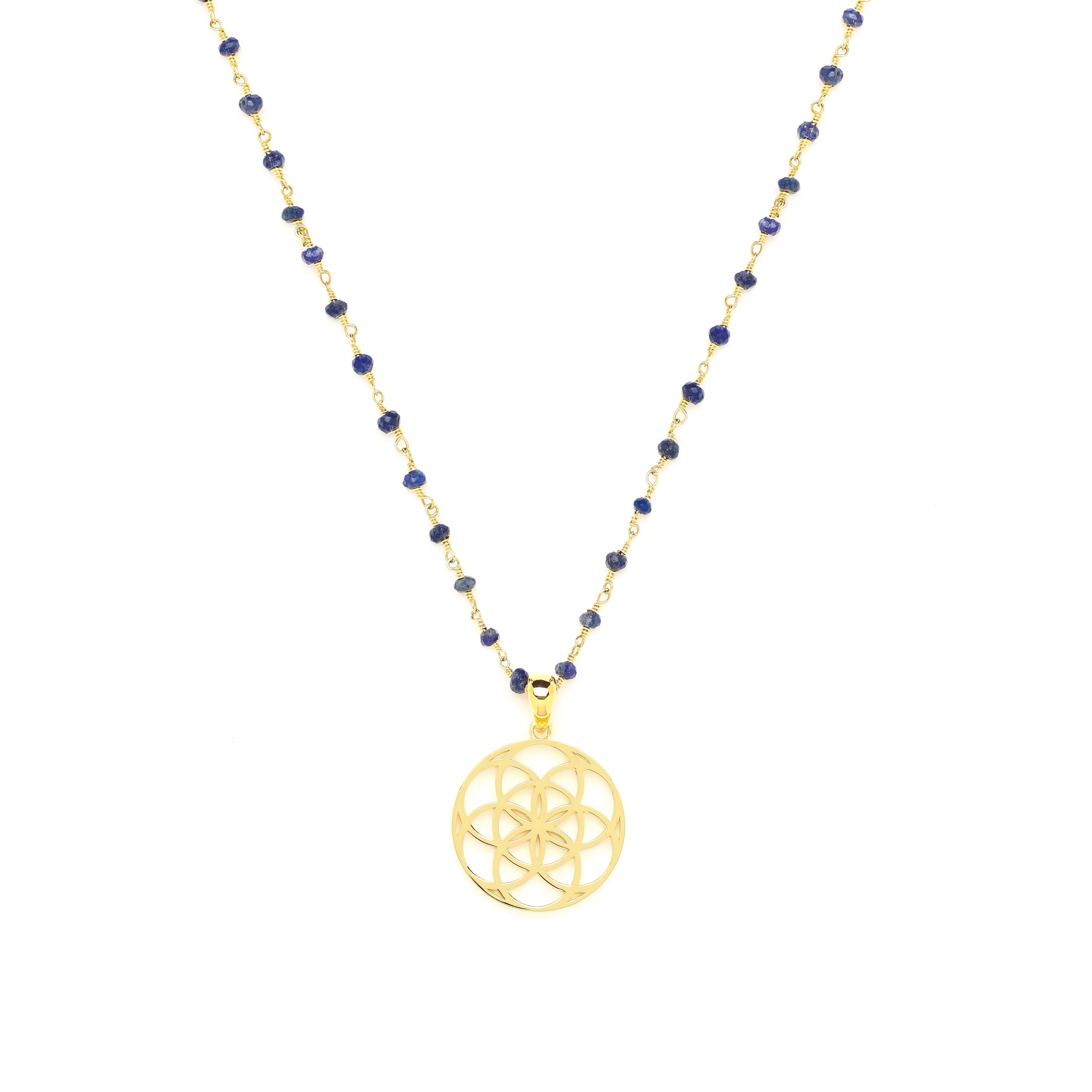 Truth & Awareness Seed of Life Necklace – Lapis Lazuli – 18k Gold Finish Sacred Geometry Pendant