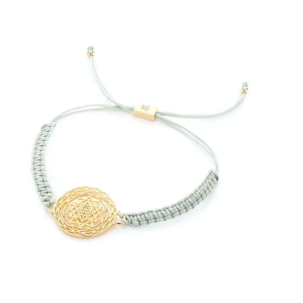 Luck & Prosperity Sri Yantra Friendship Bracelet – Sage Green in White Rhodium, One Size
