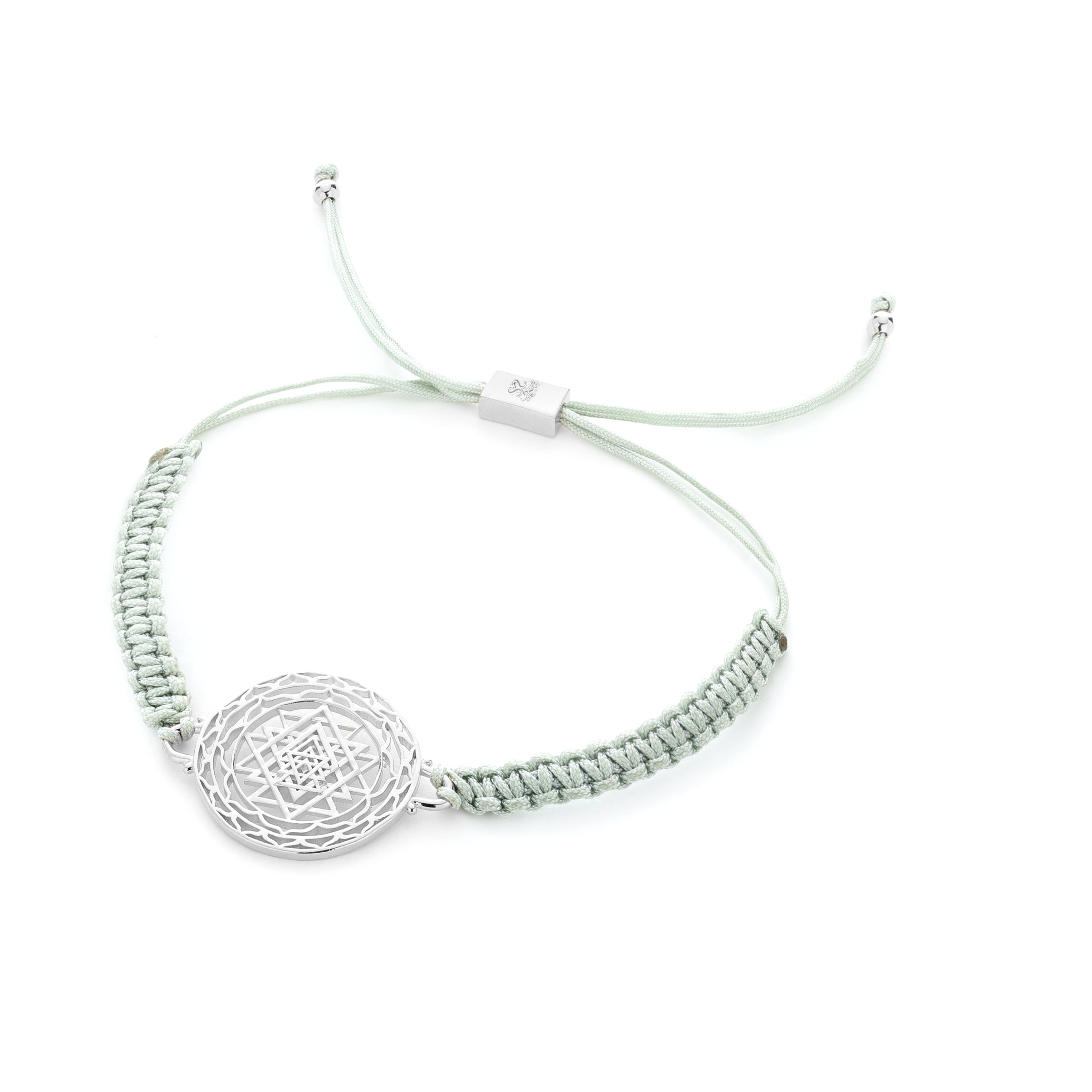 Luck & Prosperity Sri Yantra Friendship Bracelet – Sage Green in White Rhodium, One Size