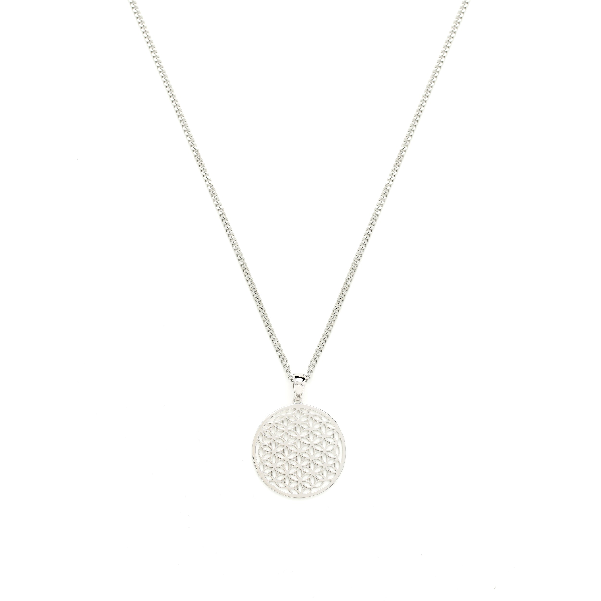 Flower of Life Necklace – White Rhodium – All Gender Sacred Geometry Jewelry