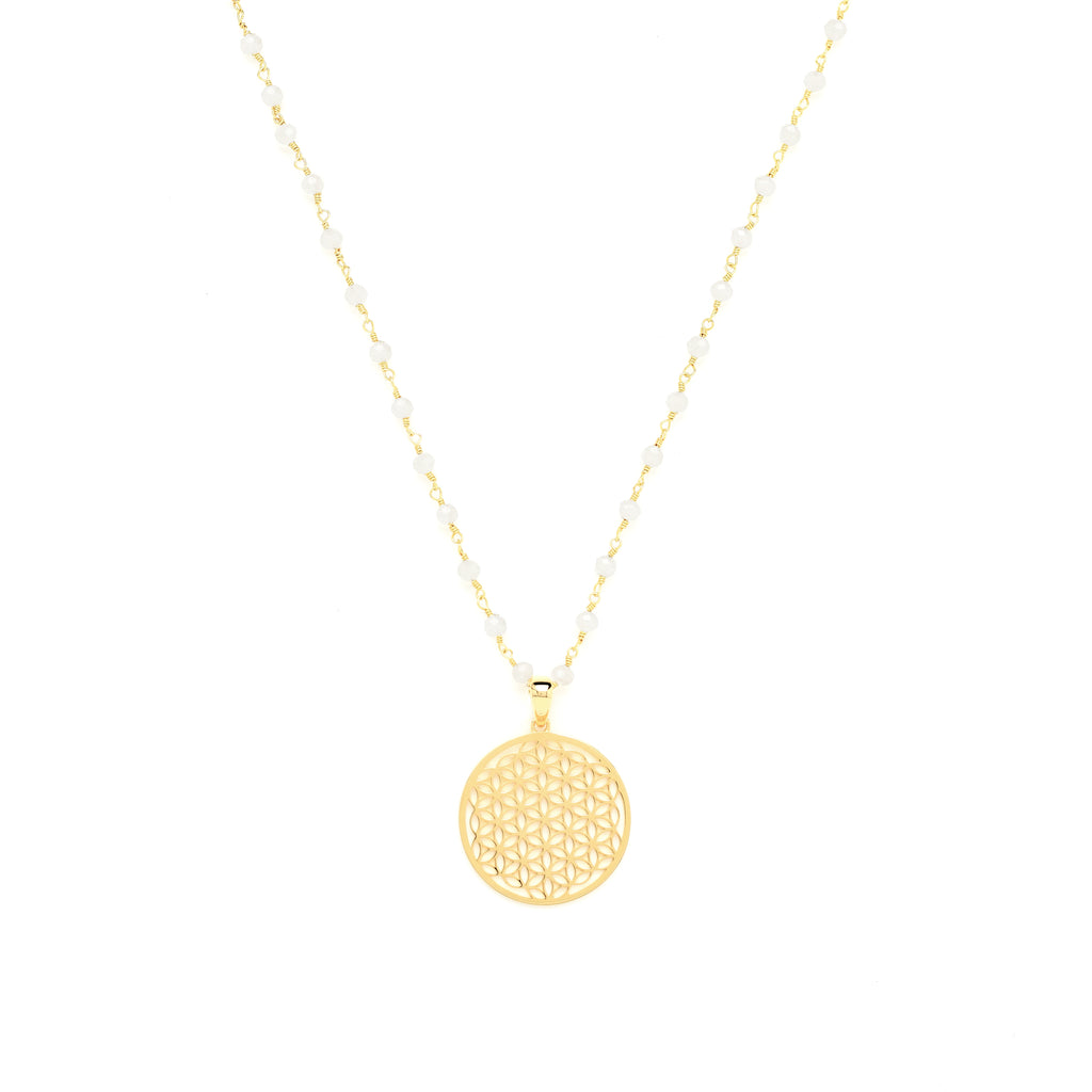 Body Mind Balance Flower of Life Necklace – White Chalcedony – 18K Gold Vermeil