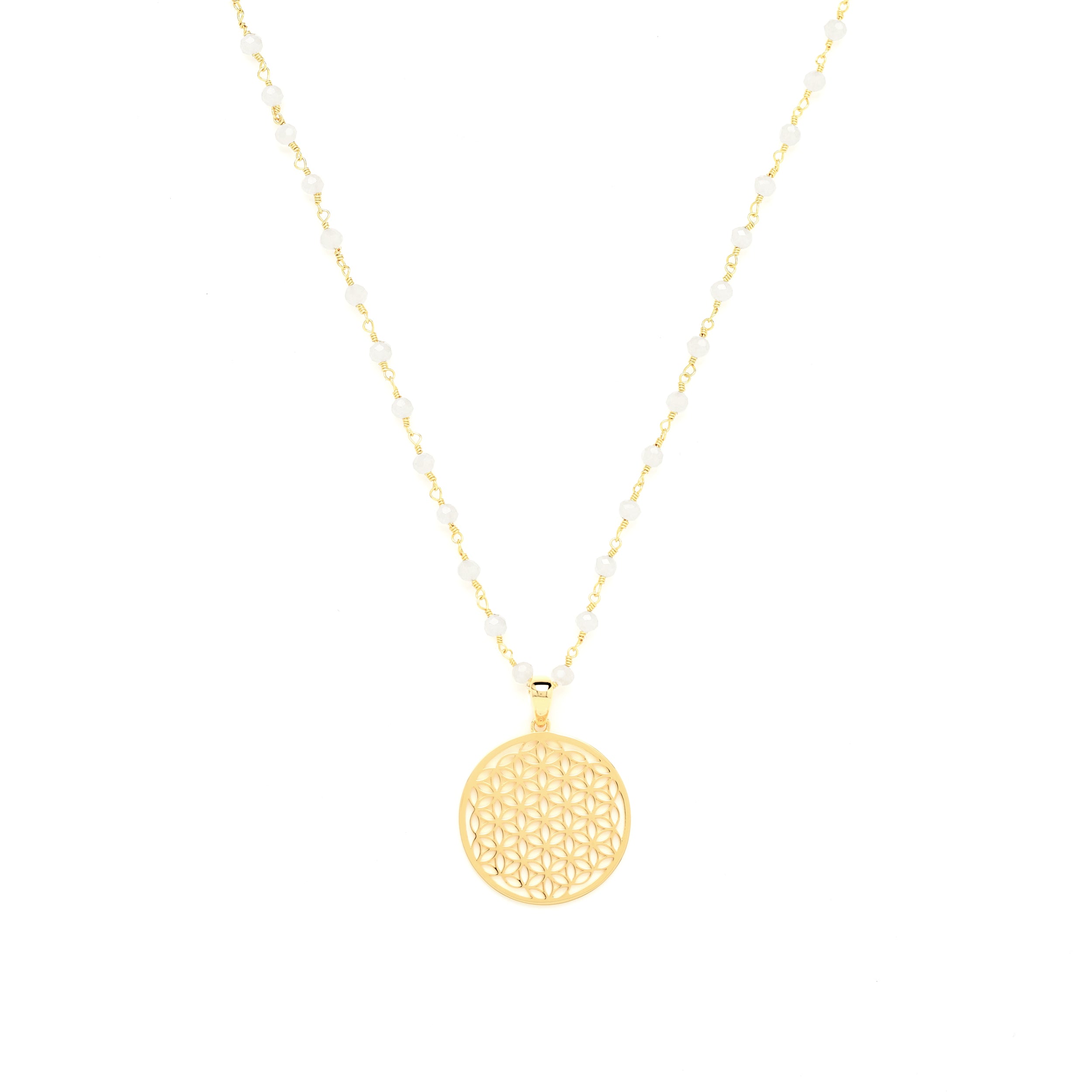 Body Mind Balance Flower of Life Necklace – White Chalcedony – 18K Gold Vermeil