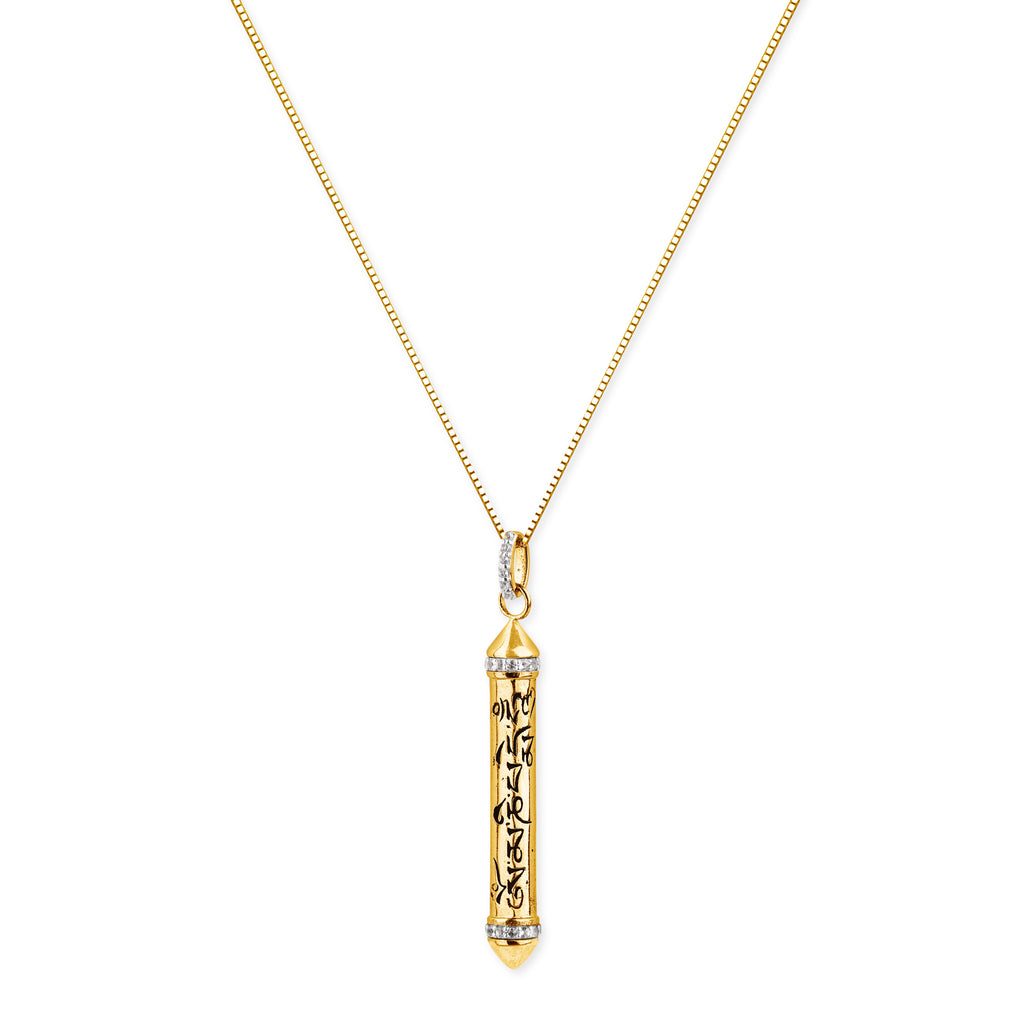 OM MANI PADME HUM 18k Gold, White Topaz Prayer Necklace, 22 inches