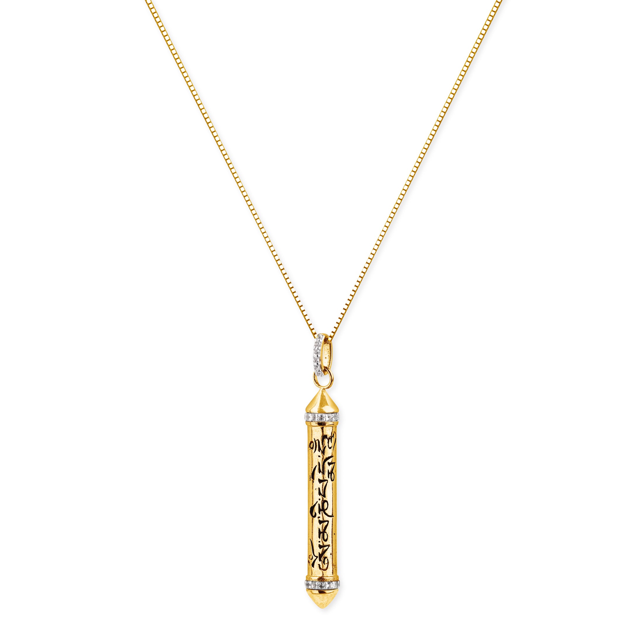 OM MANI PADME HUM 18k Gold, White Topaz Prayer Necklace, 22 inches