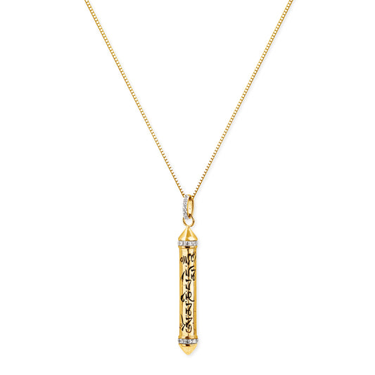 OM MANI PADME HUM 18k Gold, White Topaz Prayer Necklace, *Seen in Harper's Bazaar UK