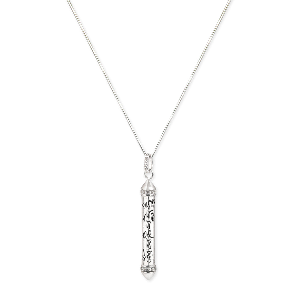 On Mani Padme Hum | White Topaz Prayer Necklace | Seen in Harpers Bazaar | White Rhodium