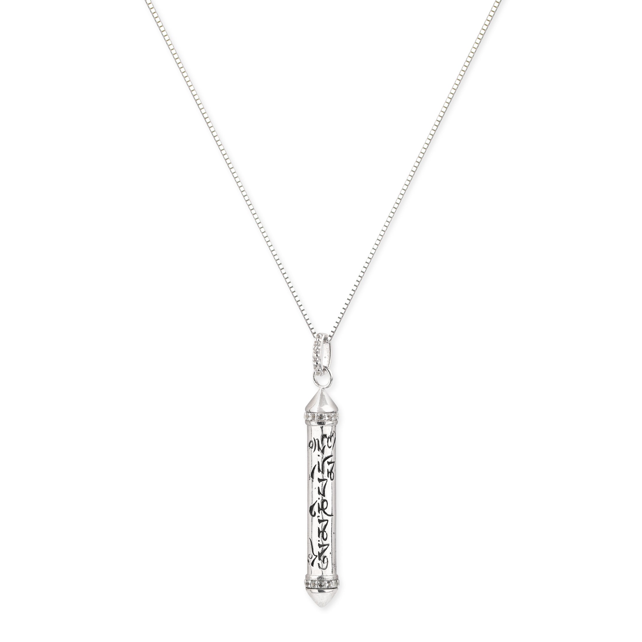 OM MANI PADME HUM Sterling Silver White Topaz Prayer Necklace - White Rhodium - 22 inches