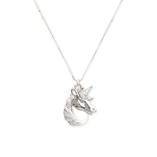Mystical Unicorn Necklace, White Rhodium with Zirconia Diamond