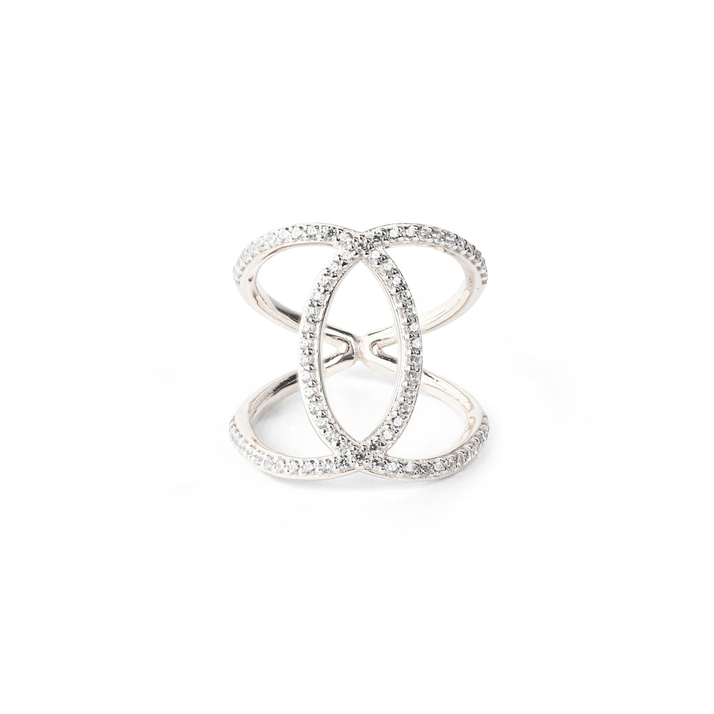 Ascension Criss Cross Ring – White Rhodium – White Topaz Spiritual Jewelry