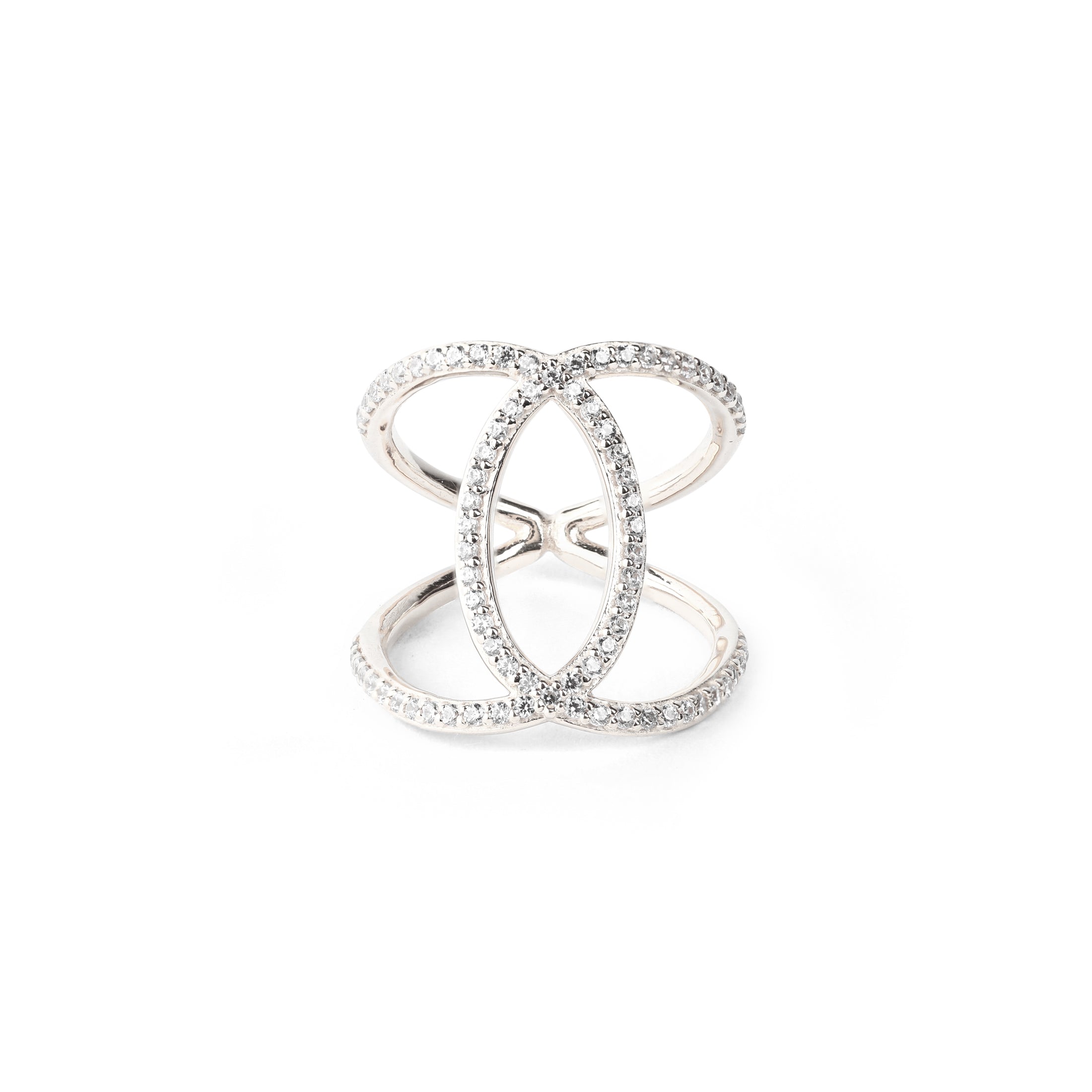 Ascension Criss Cross Ring – White Rhodium – White Topaz Spiritual Jewelry