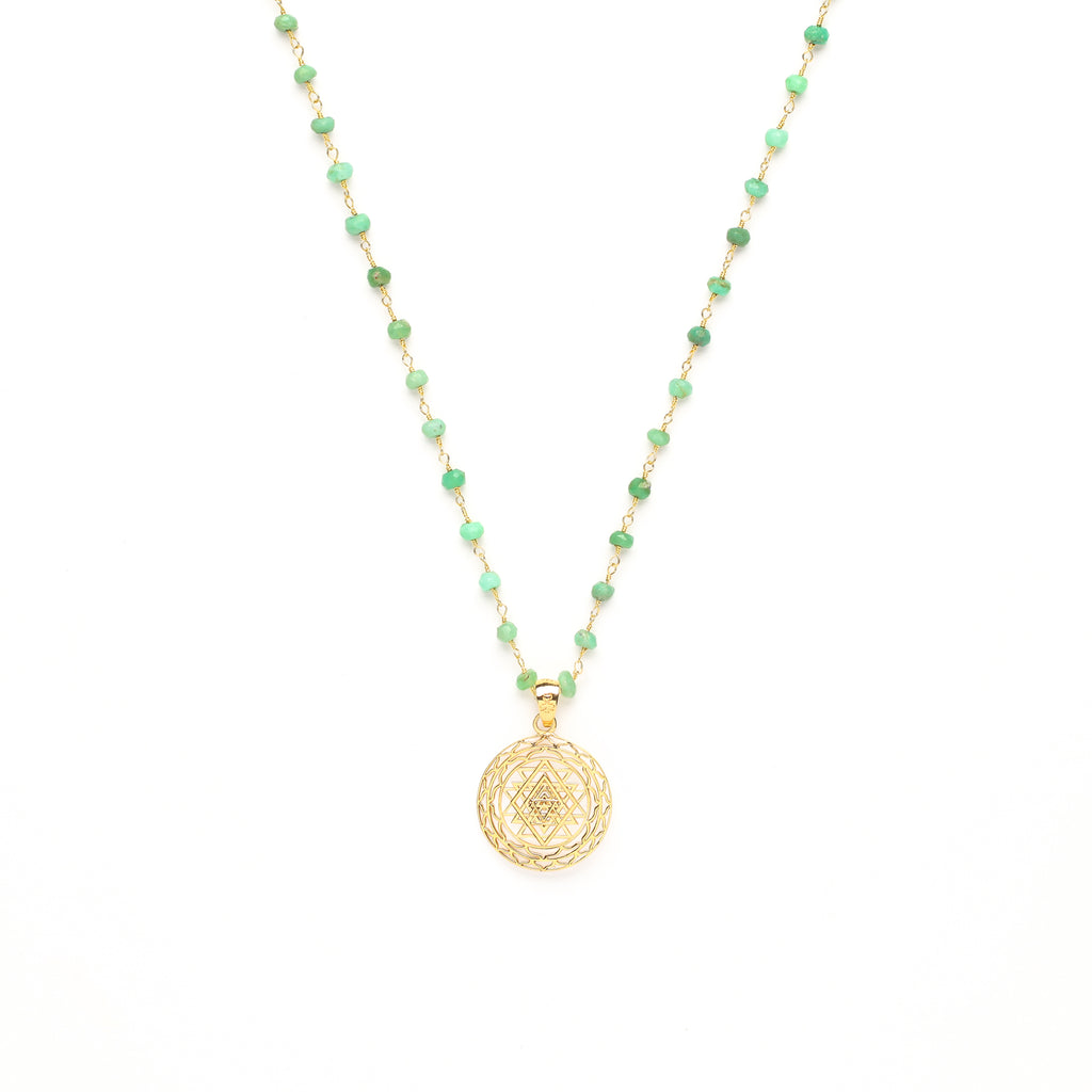 Sri Yantra Manifesting Abundance Necklace, Green Chrysoprase, 18k Gold Plated