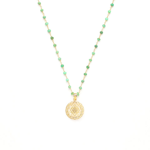 Sri Yantra Manifesting Abundance Necklace, Green Chrysoprase, 18k Gold Plated
