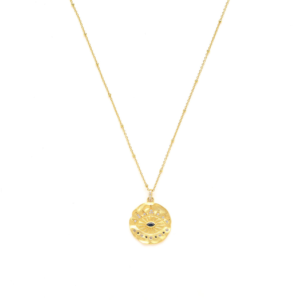 Evil Eye Protection Necklace – Sapphire & White Topaz – White Rhodium Sterling Silver | Seen on Camilla Belle