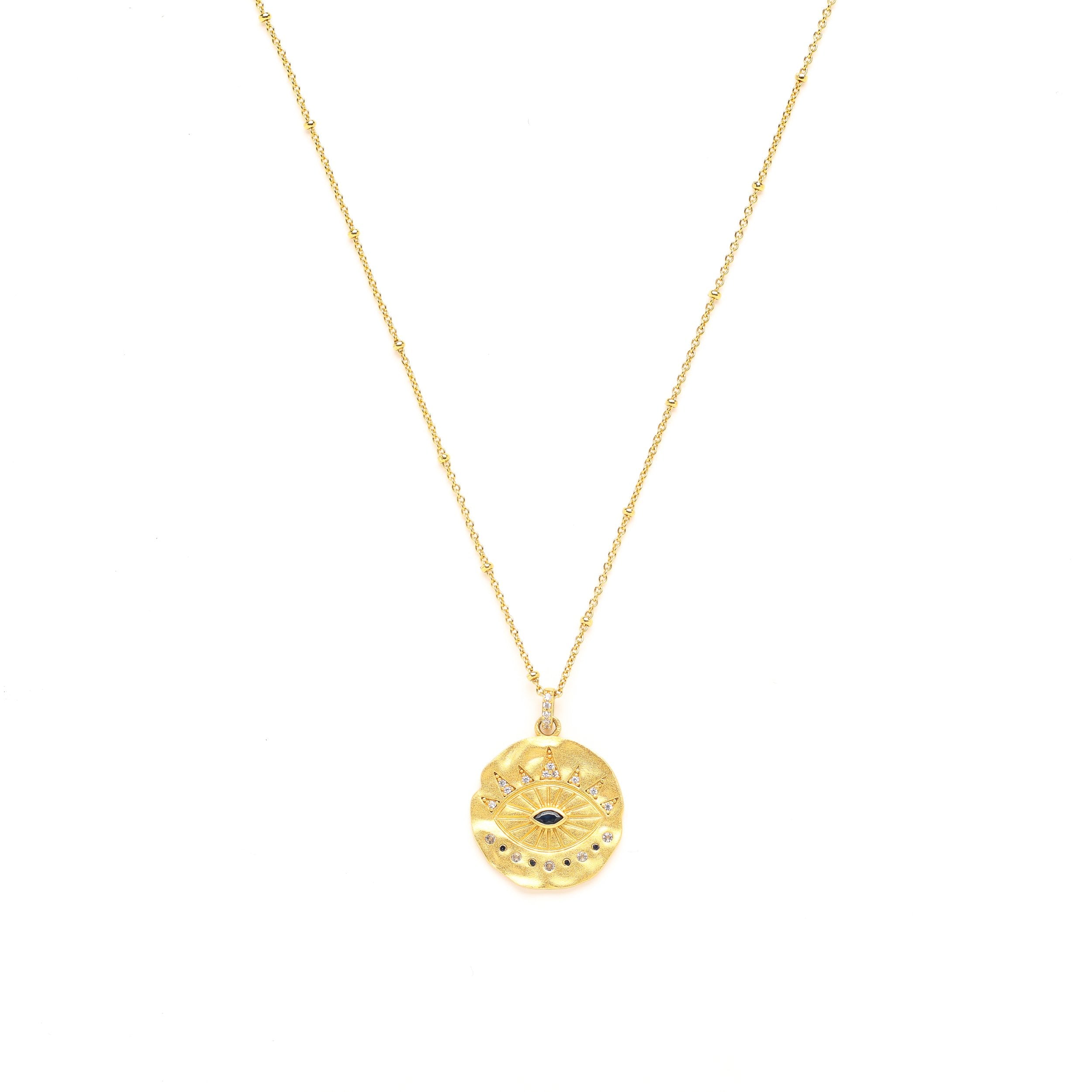 Evil Eye Protection Necklace – Sapphire & White Topaz – White Rhodium Sterling Silver | Seen on Camilla Belle