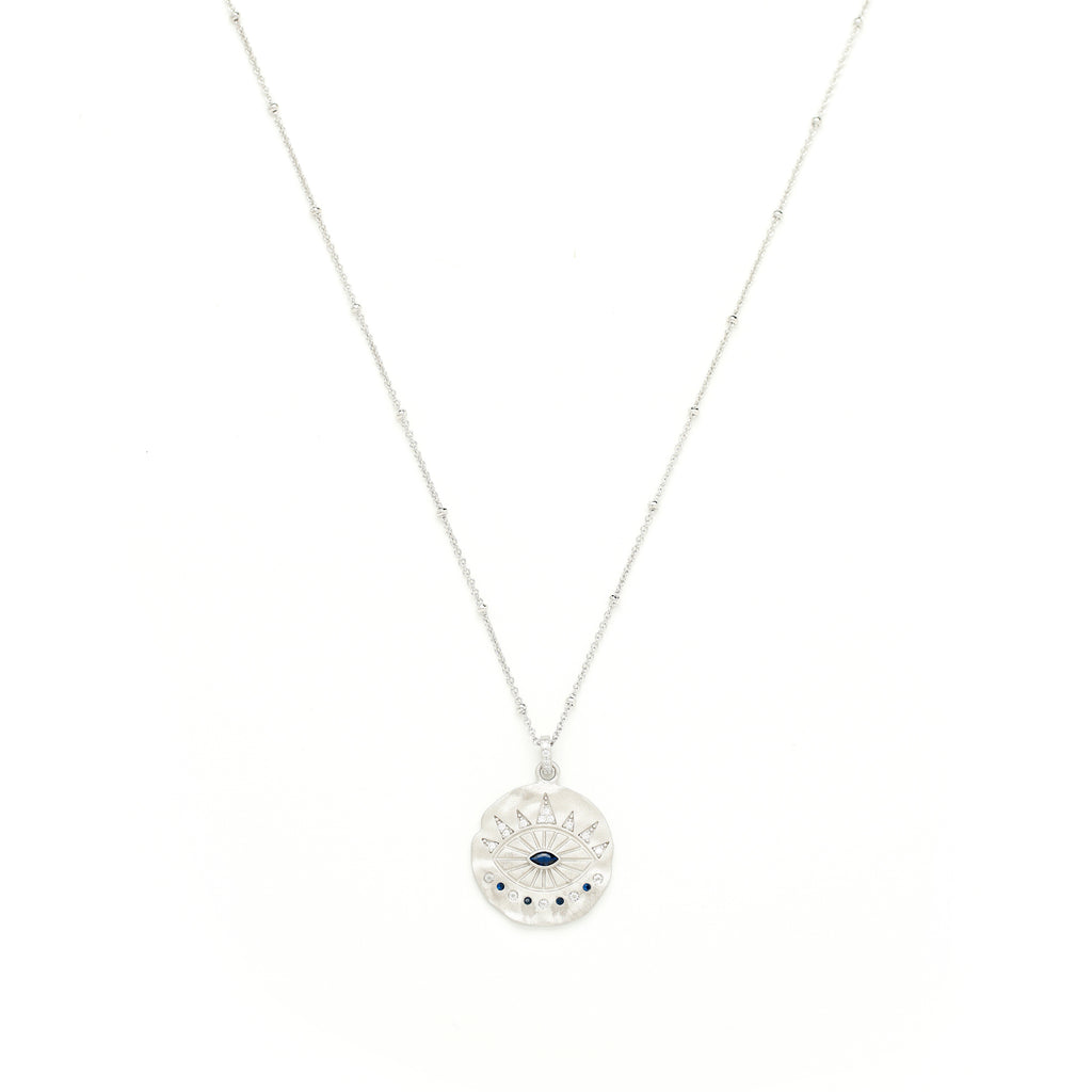 Evil Eye Protection Necklace – Sapphire & White Topaz – White Rhodium Sterling Silver | Seen on Camilla Belle