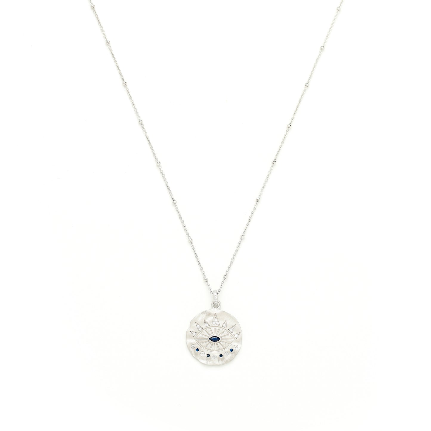 Evil Eye Protection Necklace, White Rhodium Sterling Silver with Sapphire and White Topaz, Matte Finish *Seen on Camilla Belle