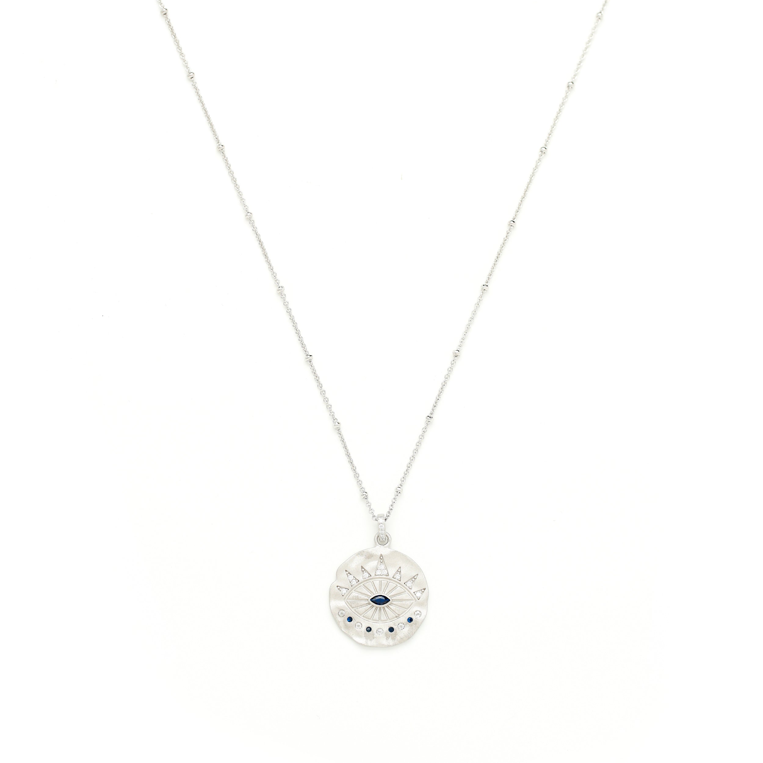 Evil Eye Protection Necklace – Sapphire & White Topaz – White Rhodium Sterling Silver | Seen on Camilla Belle