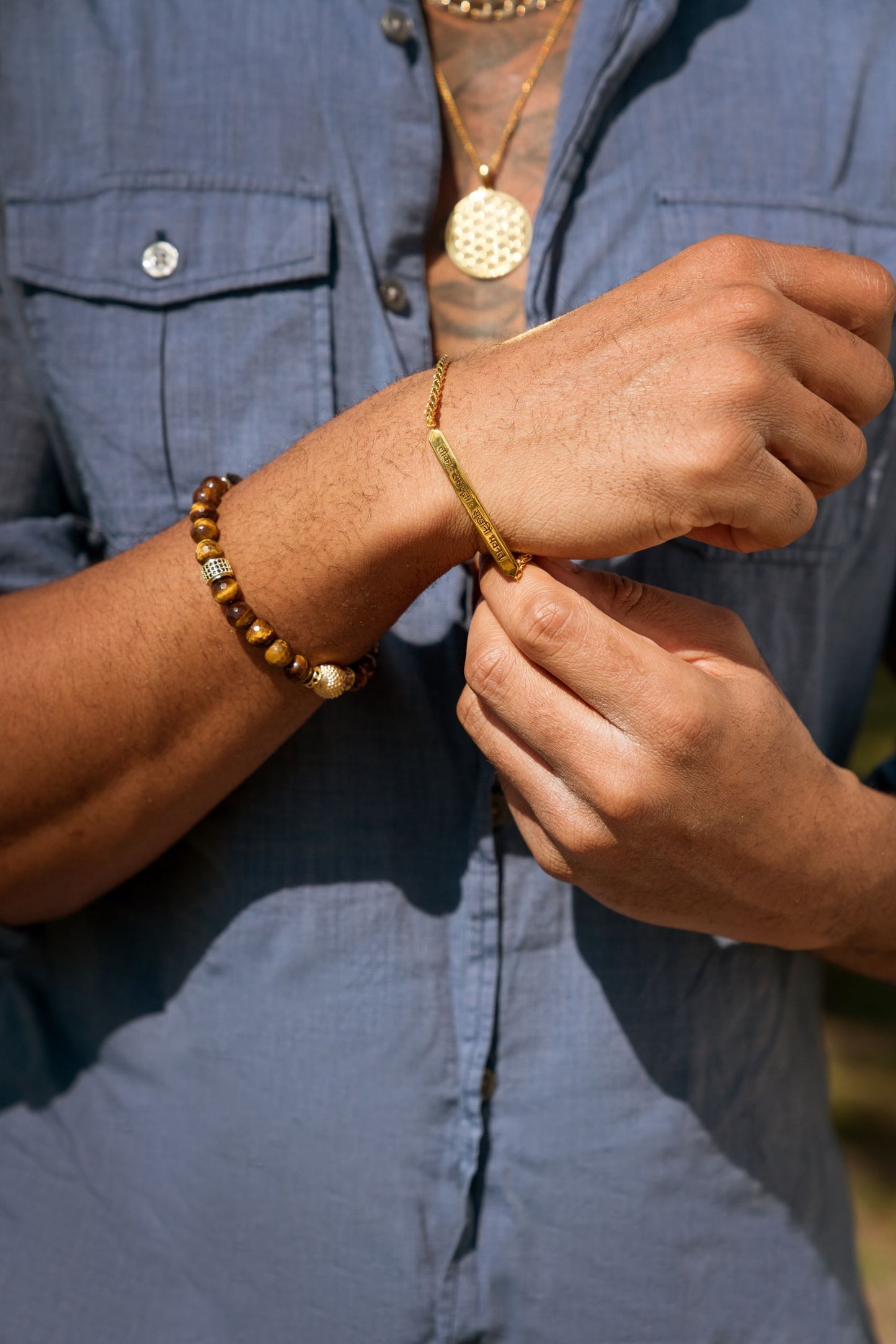 Sanskrit Chant "May All Beings Be Happy & Free" Sterling Silver Men's Chain Bracelet 18K Gold Plated Sterling Silver