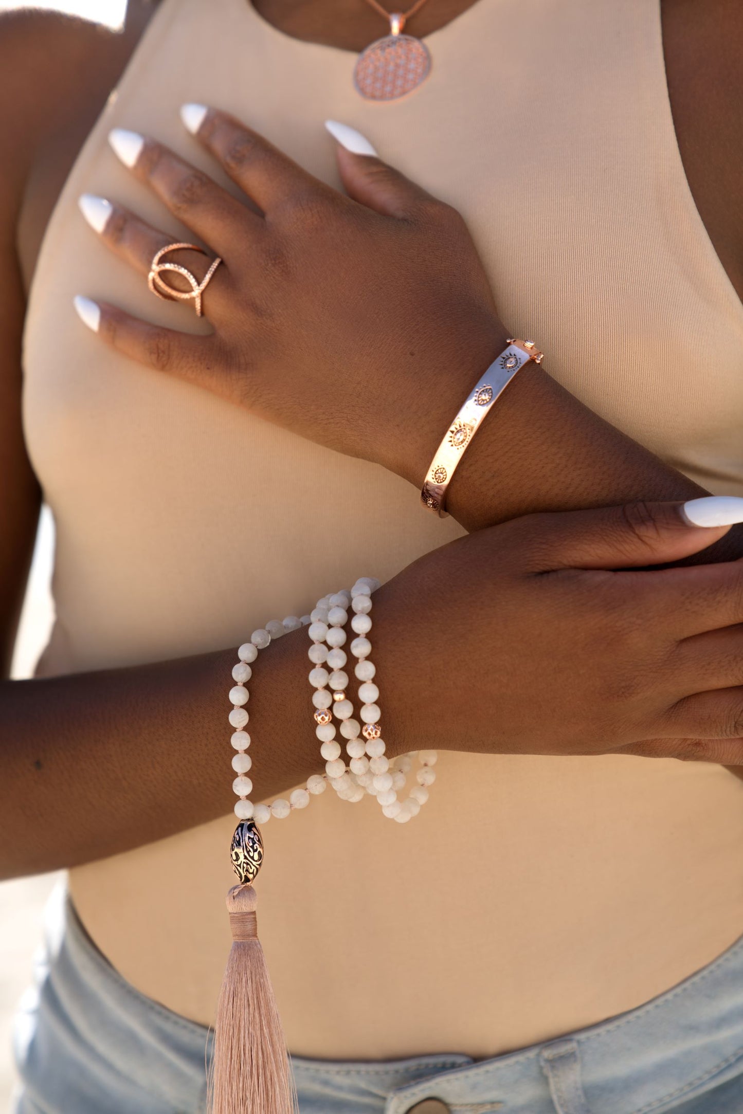 Evil Eye Protection Bangle, Rose Gold Plated Sterling Silver, White & Blue Topaz