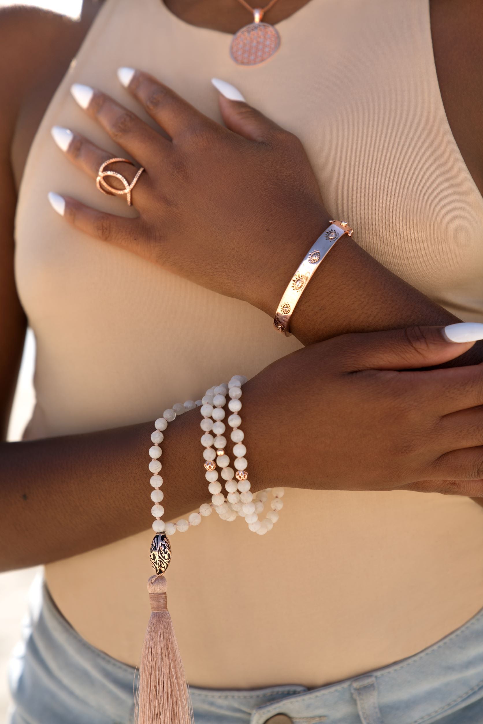 Evil Eye Protection Bangle - Rose Gold Plated Sterling Silver - White and Blue Topaz