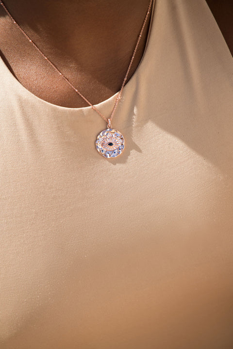 Evil Eye Protection Necklace, Rose Gold over Sterling Silver with Sapphire and White Topaz, High Polish Finish