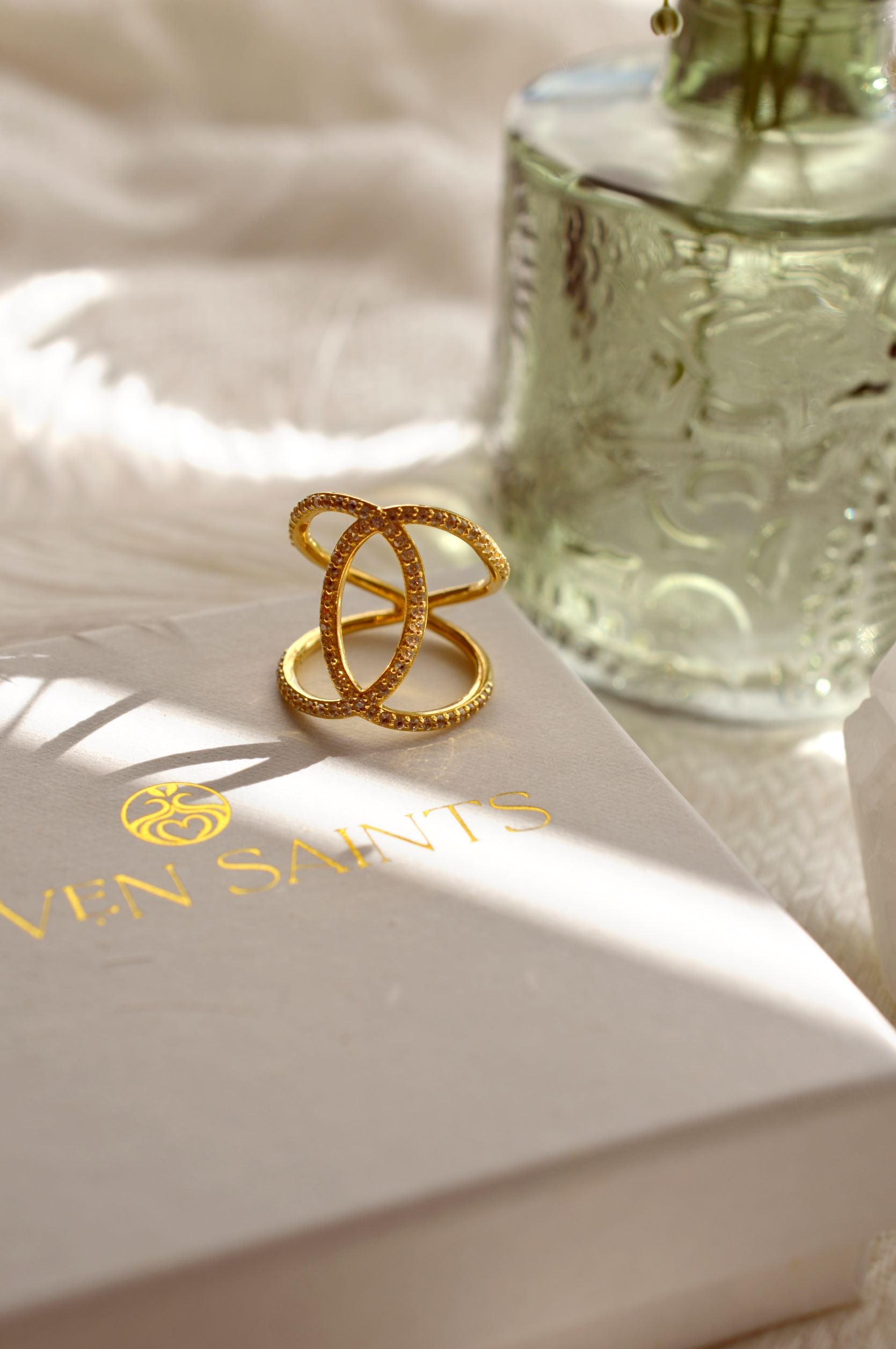 Ascension Criss Cross Ring – White Rhodium – White Topaz Spiritual Jewelry