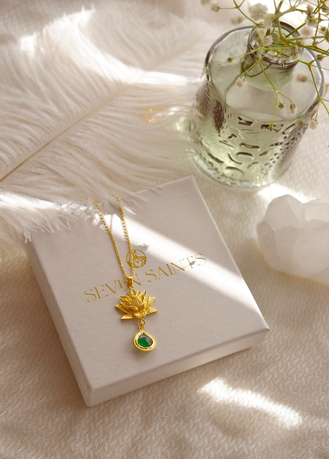 Aura Cleansing Lotus Necklace, Green Agate, 18K Gold, Seen in Vanity Fair UK