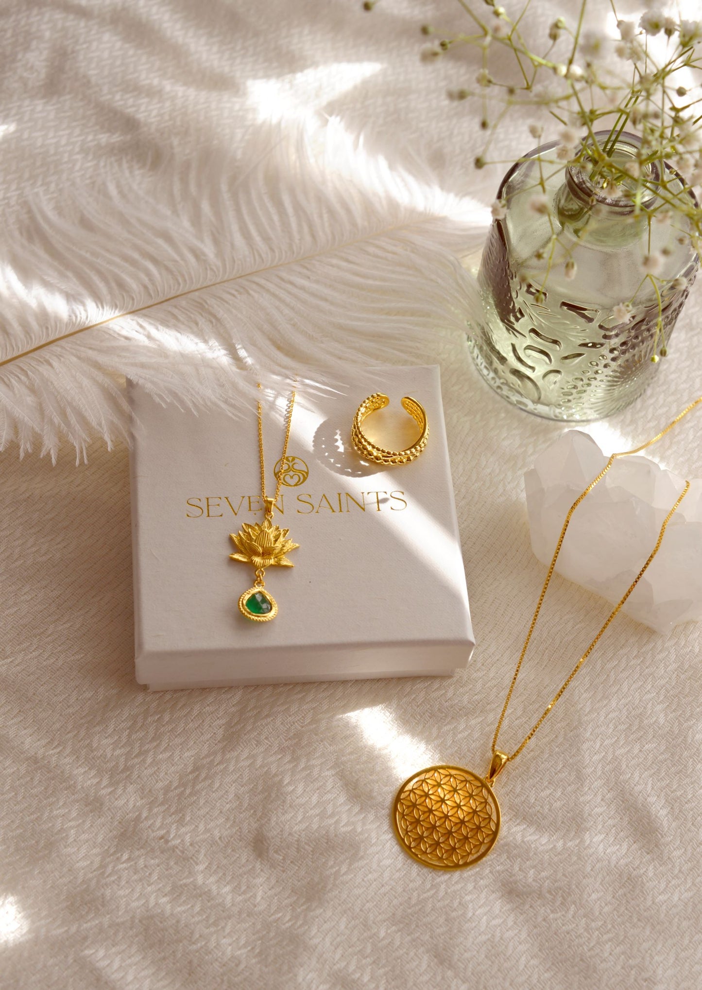 Aura Cleansing Lotus Necklace, Green Agate, 18K Gold, Seen in Vanity Fair UK
