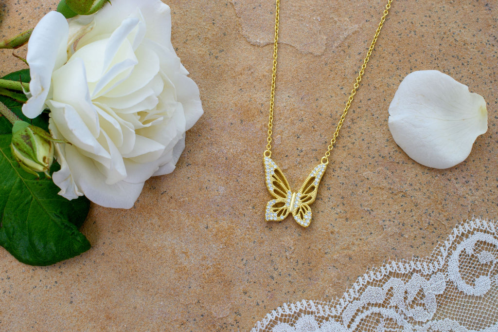 Graceful Spirit Butterfly Necklace – White Rhodium with Pavé CZ Diamonds Spiritual Jewelry