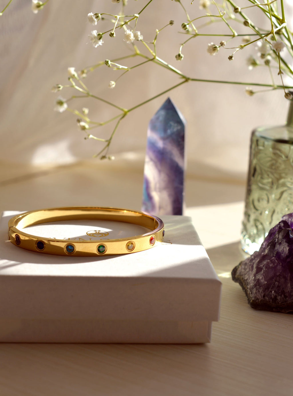 Chakra Healing Stone Bangle - 18k Gold finished Stainless Steel