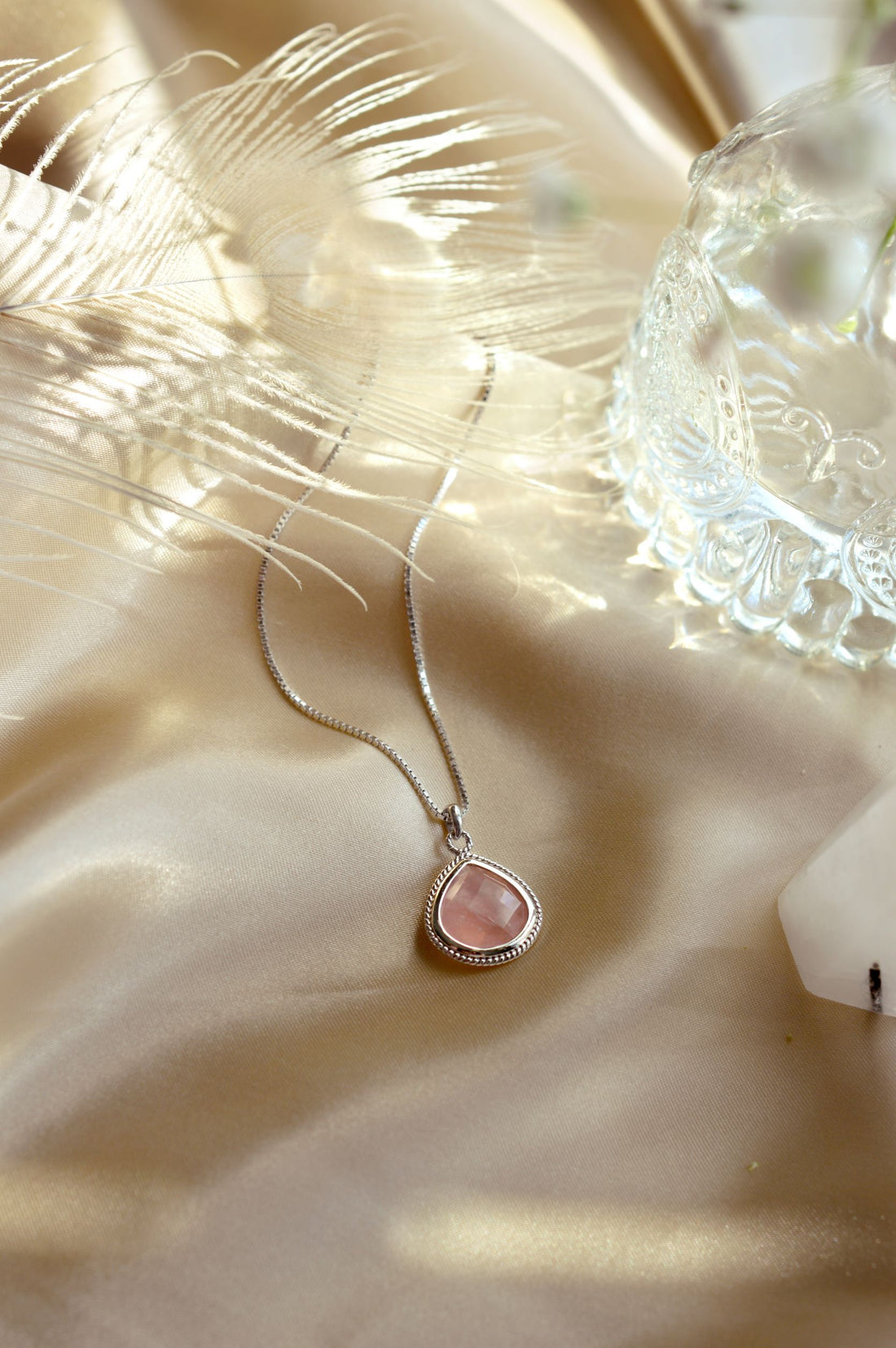 Rose Quartz Compassionate Heart Adjustable Necklace, White Rhodium