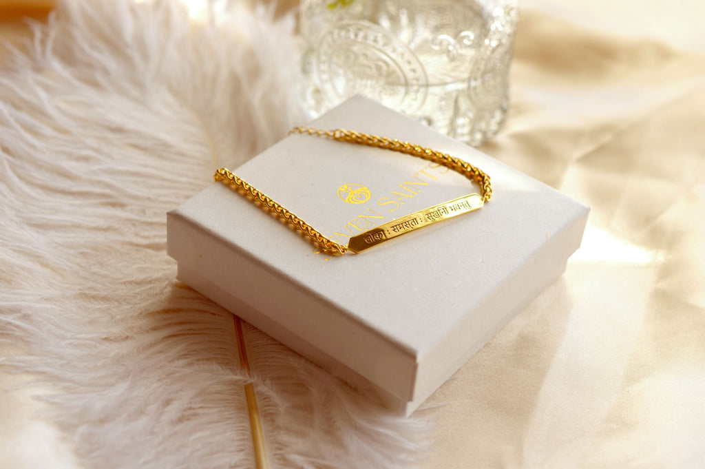 Sanskrit “May All Beings Be Happy & Free” Men’s Chain Bracelet – 18K Gold Plated Sterling Silver