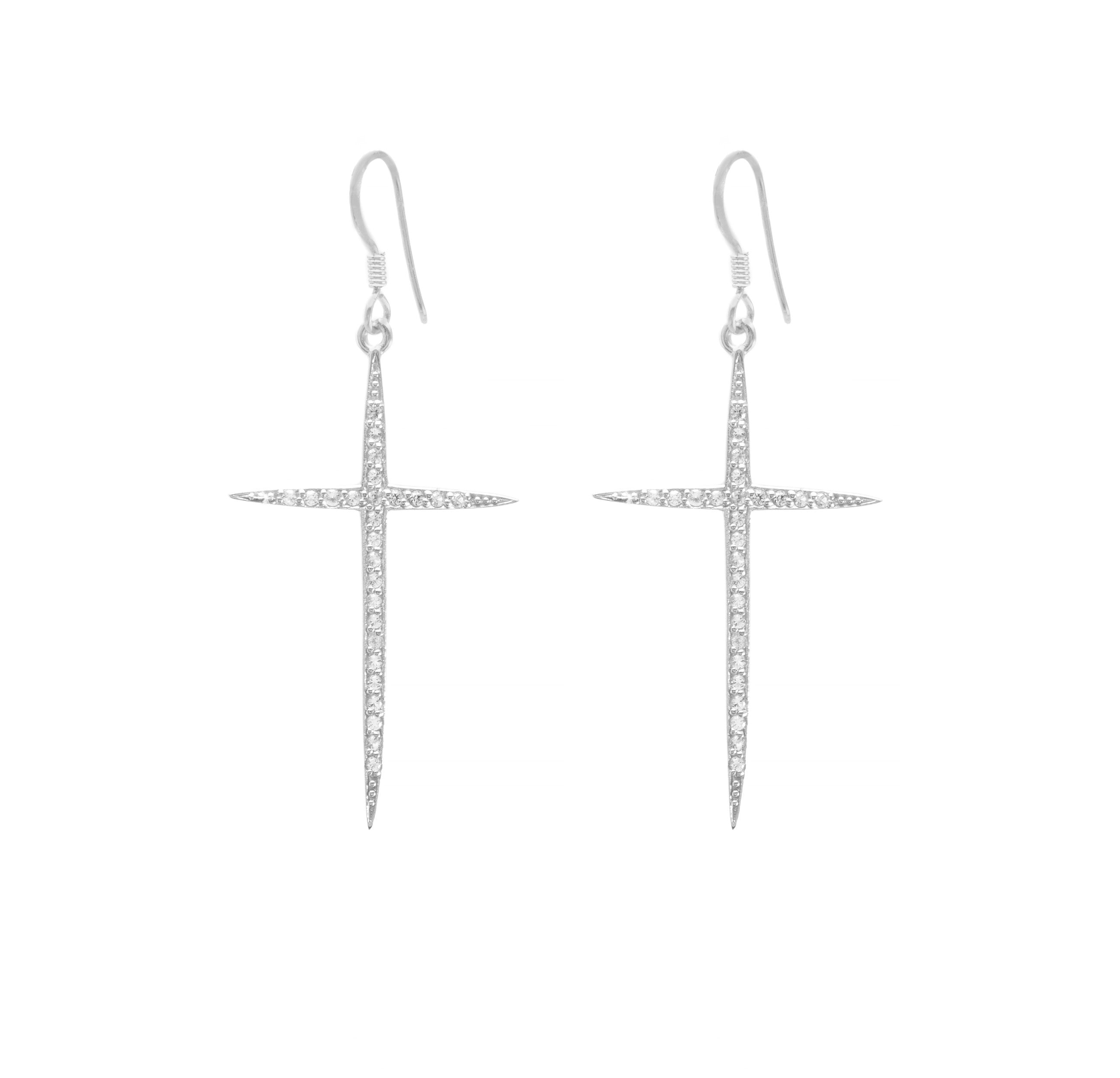 Delicate Pave Cross Earrings, White Topaz, White Rhodium