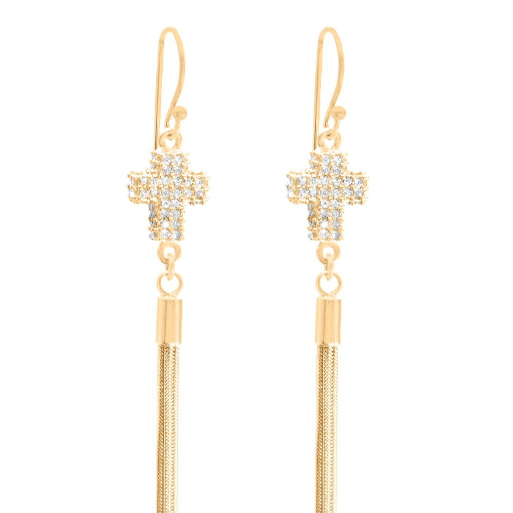 Elegant Cross Pave Tassel Earrings, 18K Gold Over Sterling Silver